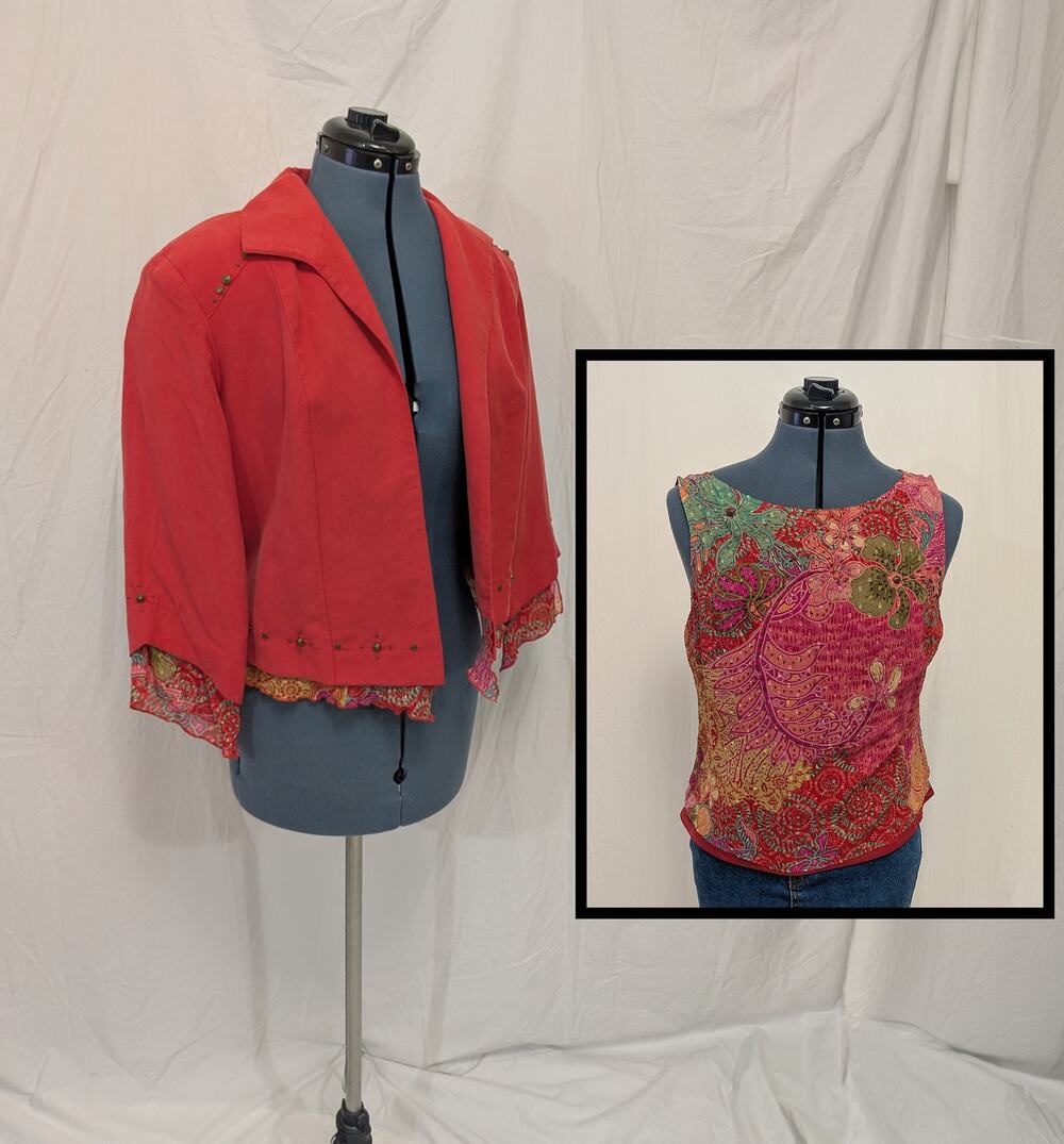 NancyโฏBolenโฏCityโฏGirl red 100%โฏsilk cropped jacket & paisley tank set, sizeโฏ8โฏ